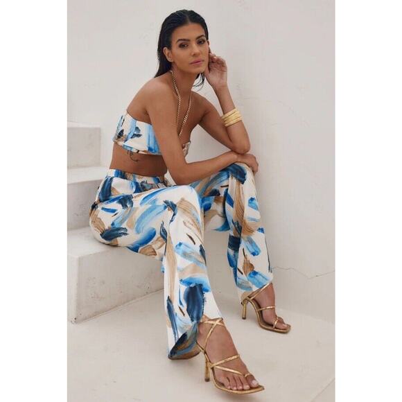 12th Tribe Perla Blue Watercolor Satin Wide Leg Pants Elastic Waist Sz M NWT - Picture 3 of 14